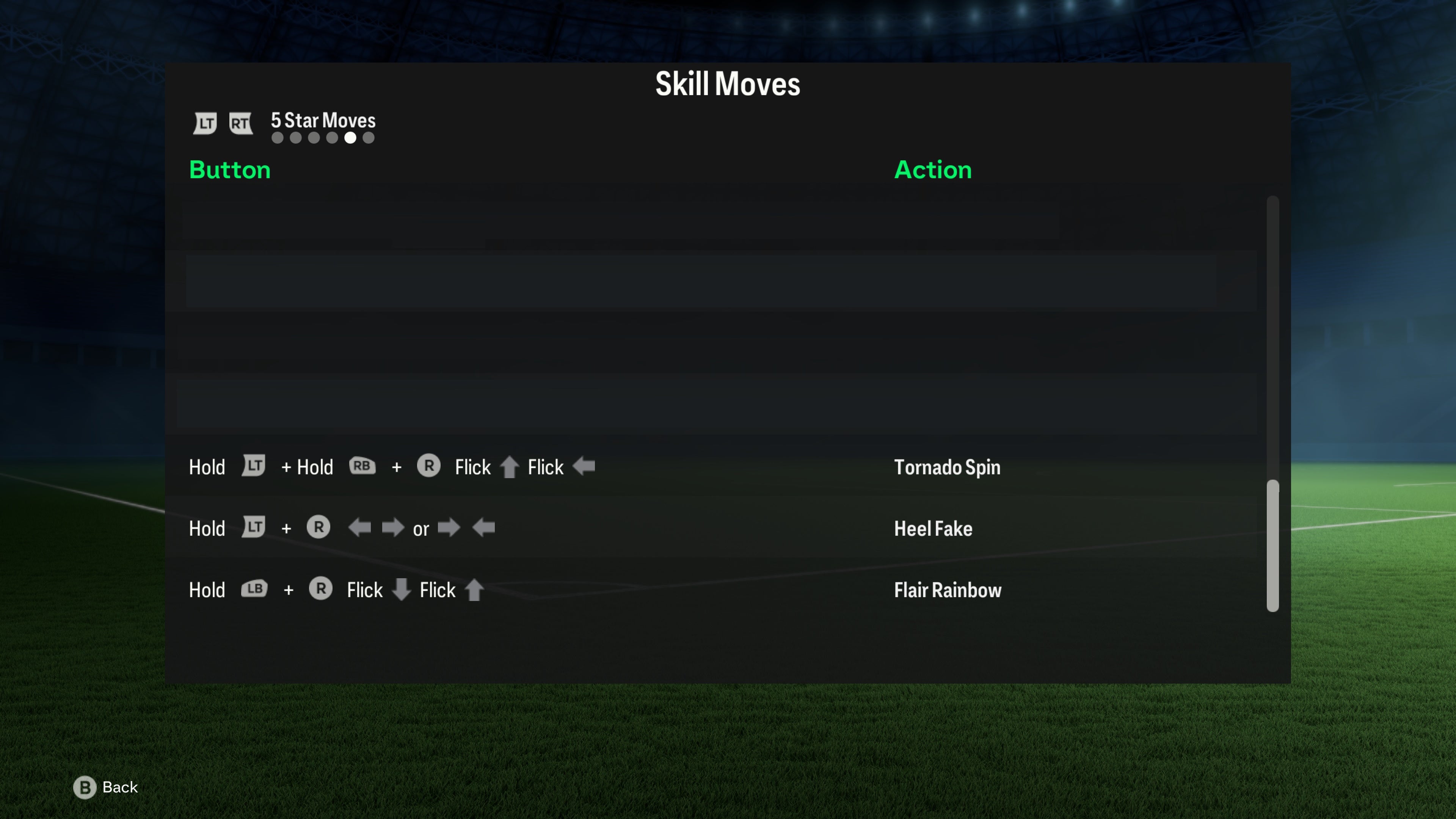 menu list of 5 star skill moves