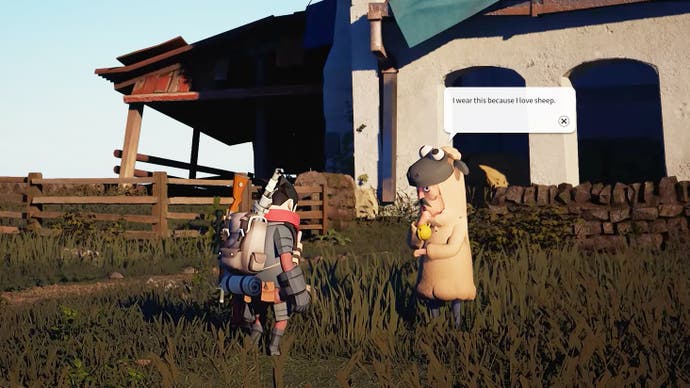 Little Devil Inside screenshot showing player character talking to a man dressed as a sheep