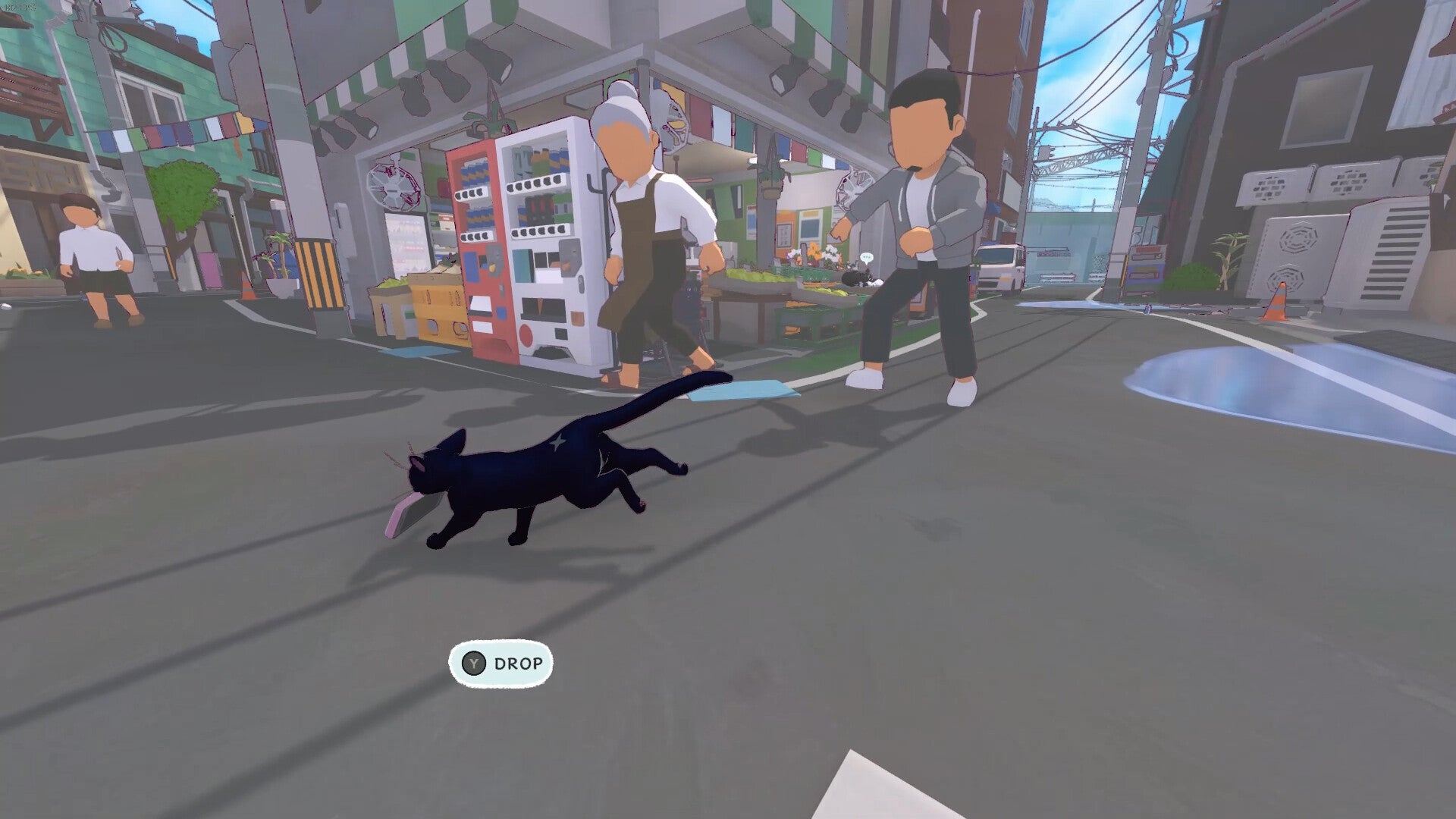 A small black cat can be seen fleeing from two pedestrians while holding some bread in their mouth in Little Kitty, Big City - 34