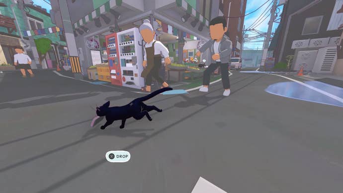 A small black cat can be seen fleeing from two pedestrians while holding some bread in their mouth in Little Kitty, Big City