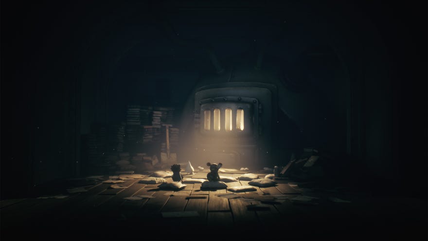Low and Alone rest on cushions in front of a furnace in Little Nightmares 3