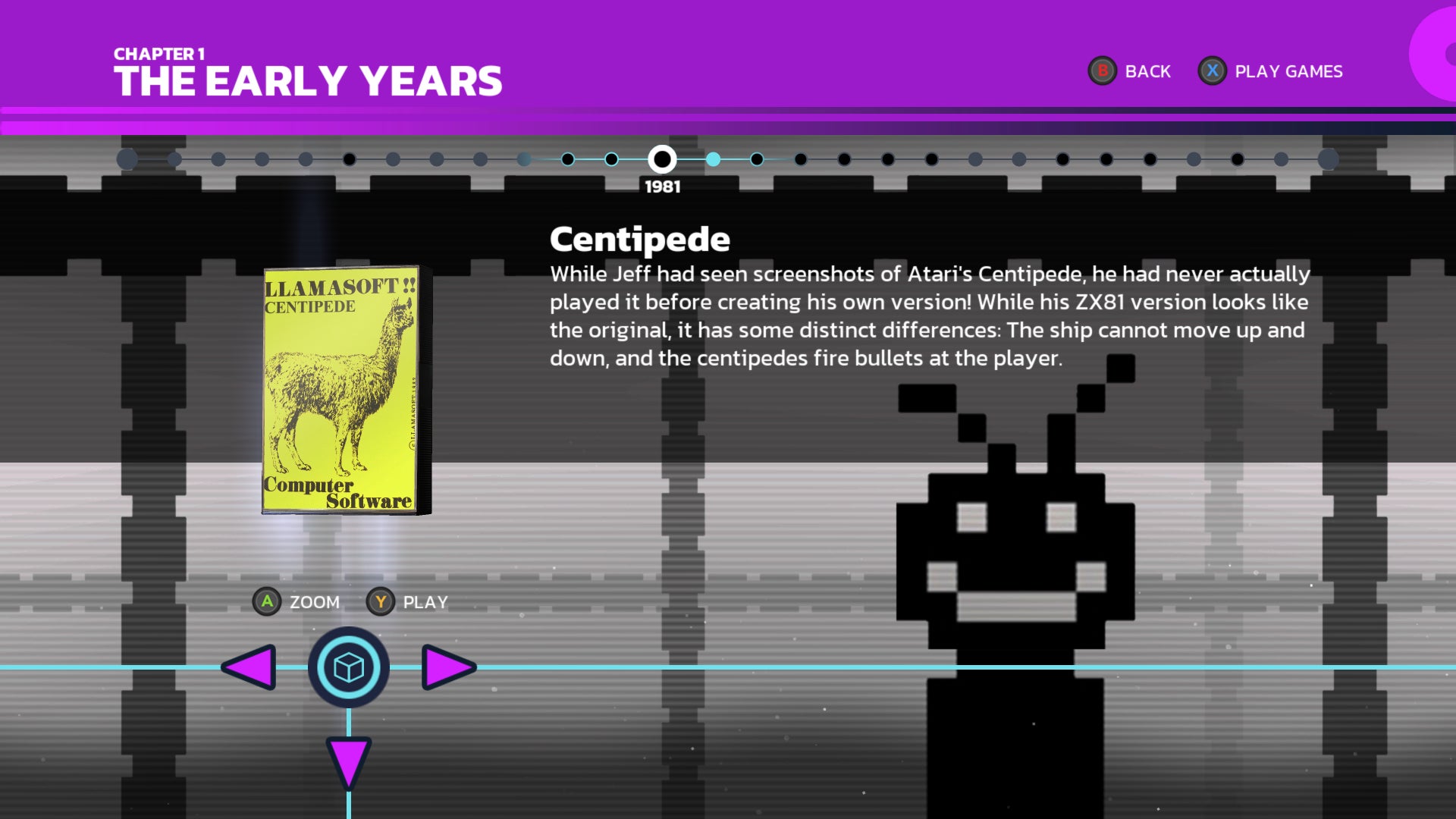 The timeline of Llamasoft The Jeff Minter story giving context on Centipede - 5