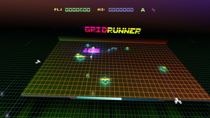 A screenshot of Gridrunner Remastered being played in Llamasoft The Jeff Minter Story