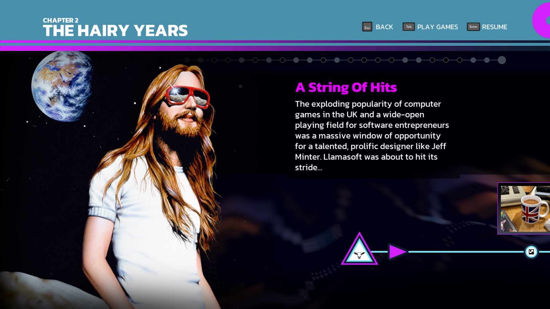 A screen on from the timeline of Llamasoft The Jeff Minter Story, showing the start of The Hairy Years - 1