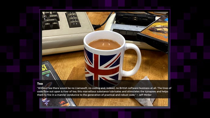 A screen from Llamasoft The Jeff Minter story emphasizing the importance of tea