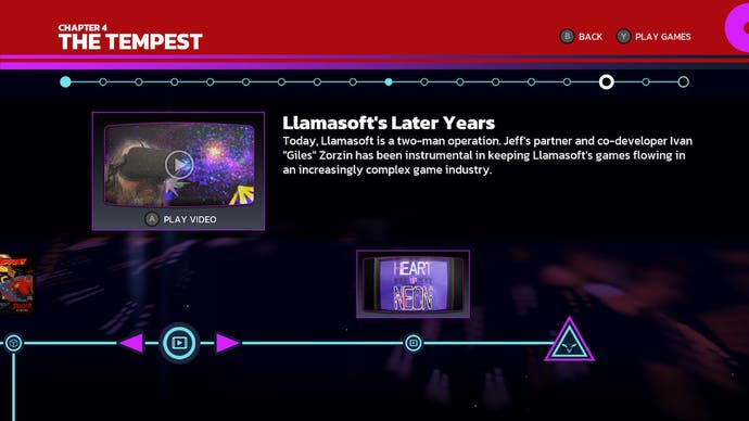 A screen of the timeline from Llamasoft: The Jeff Minter Story. It shows a video clip called Llamasoft's Later Years.