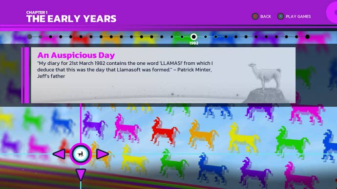 Colourful llamas surround a text box about Jeff Minter’s early years in Llamasoft: The Jeff Minter Story
