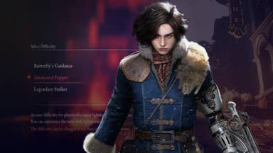 The puppet from Lies of P standing in a power pose, between a screen grab of three in-game difficulty options and a snap of Paris engulfed in flame.