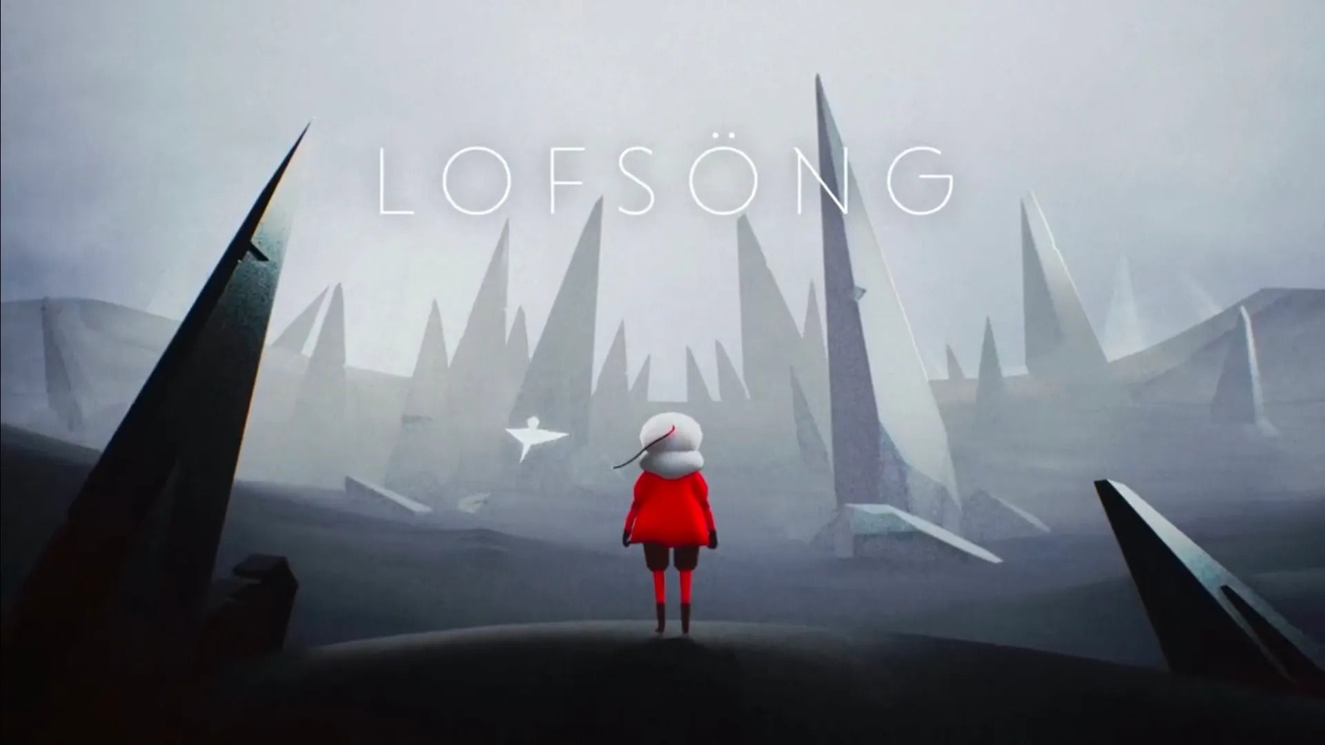 A childlike figure in red accompanied by a floating origami sculpture, standing in a grey landscape of thorny rock formations, from Lofsöng.