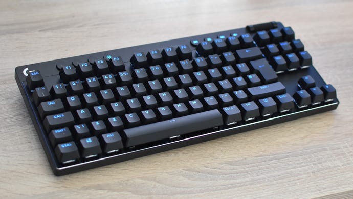 The Logitech G Pro X TKL gaming keyboard on a desk.