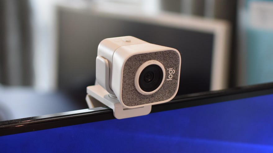 The Logitech StreamCam installed on top of a monitor.