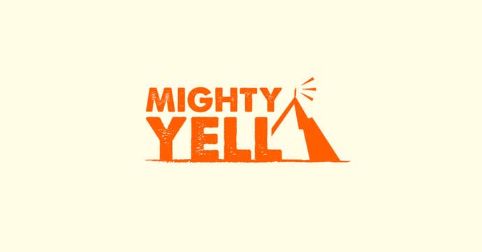 Mighty Yello orange logo on a beige background