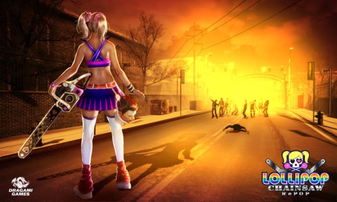 Lollipop Chainsaw screenshot showing its heroine looking out over a ruined landscape.