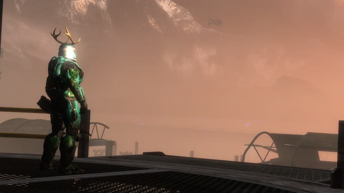 A lone Spartan with antlers surveys the dusty horizon in Halo: Reach