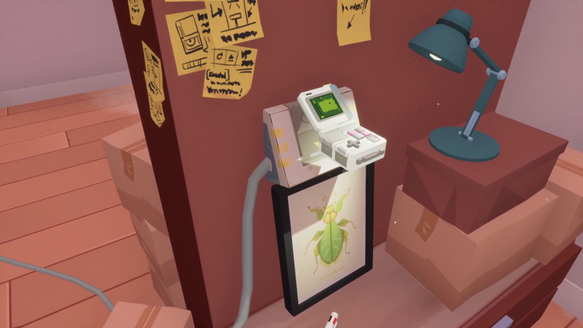 A retro handheld console plugged into a wall terminal in Looking For Fael - 1