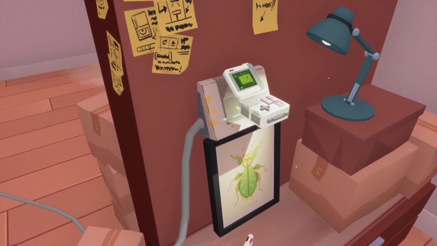 A retro handheld console plugged into a wall terminal in Looking For Fael