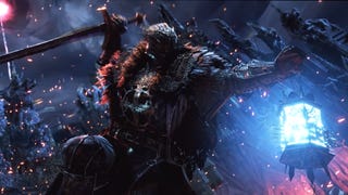 Lords of the Fallen main character in helmet and fur armour raising sword and holding glowing blue lantern