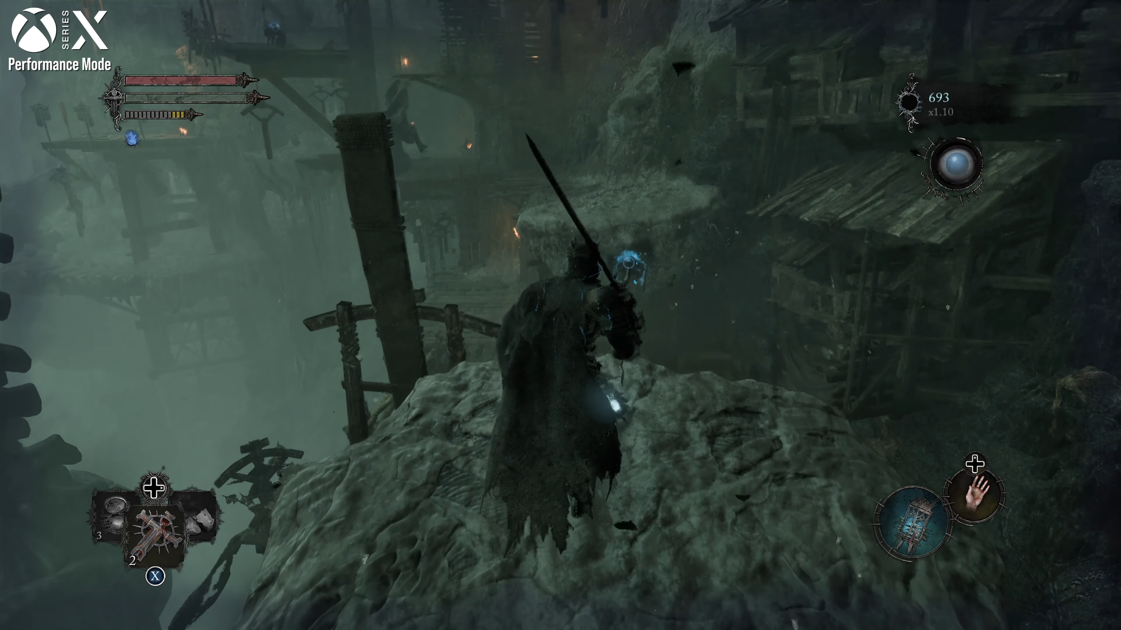 xbox series x lords of the fallen screenshot showing the weirdly intrusive HUD elements, which are closer to the centre of the screen than you&rsquo;d expect rather than being in the corners as usual.