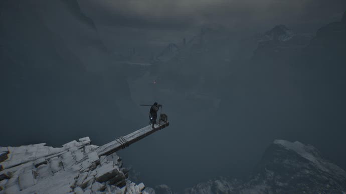 Player character in Lords of the Fallen on tiny platform over cavernous grey abyss