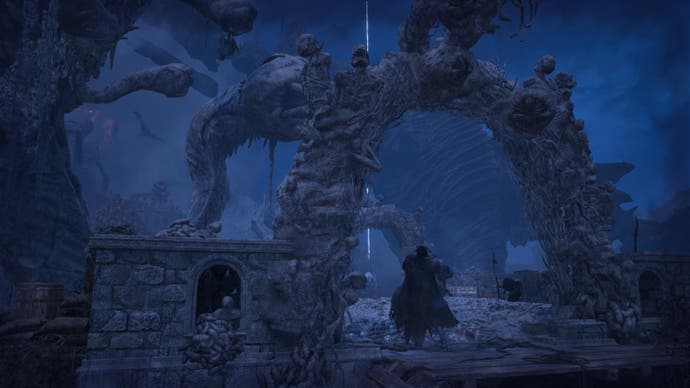 Player character in Lords of the Fallen in Umbral with arches of skeletons and bodies