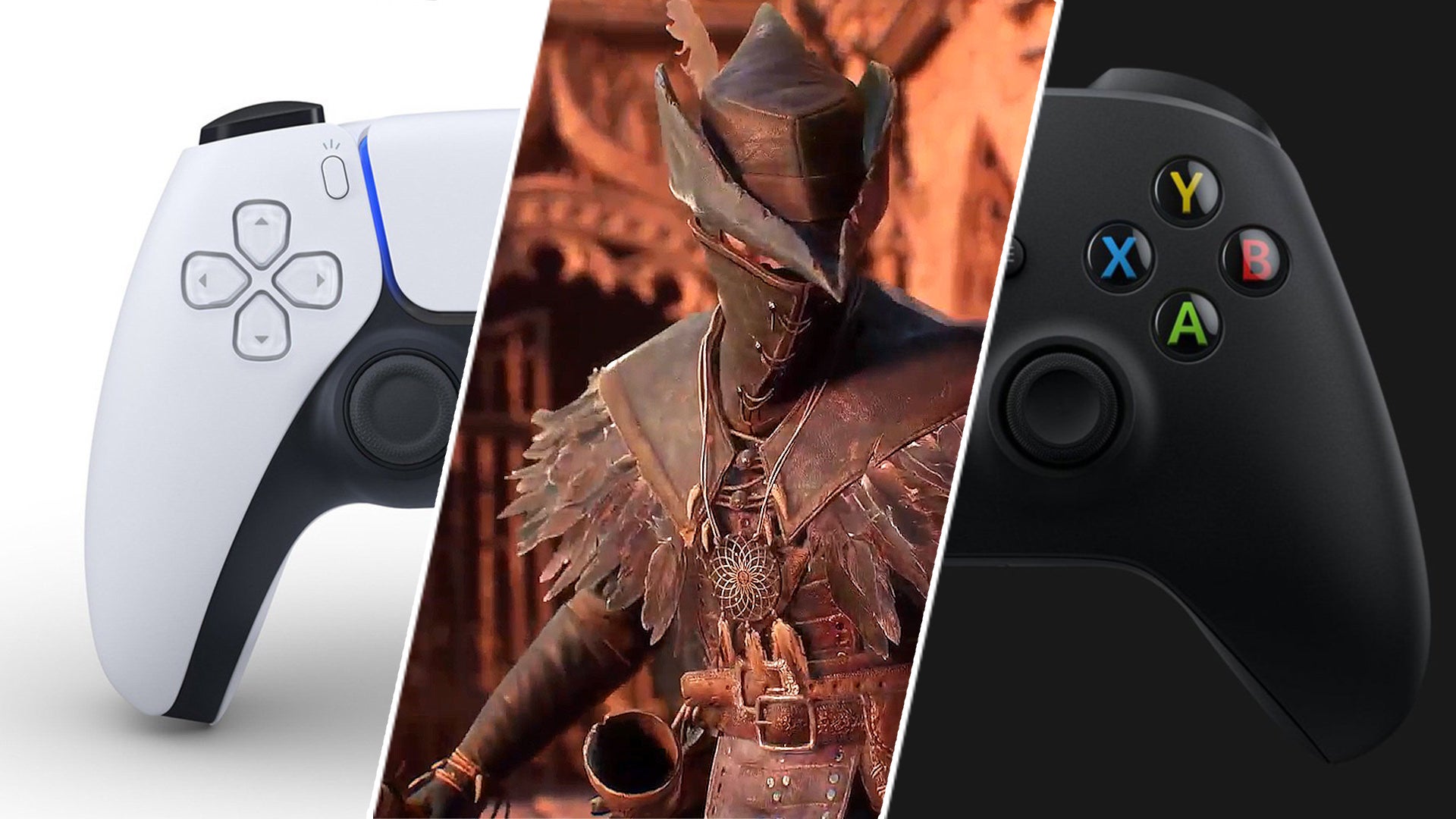 A character from Lords of the Fallen in a split image with the Xbox Series X/S and PS5 DualSense controllers at either side of them. - 1