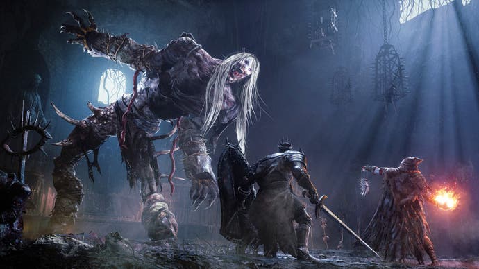 Lords of the Fallen screenshot showing two warriors squaring up to a gigantic humanoid boss enemy with parasite-like creatures hanging from its body