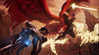 A red-winged boss from Lords of the Fallen threatens to swoop into your player character, who mounts a brave defence, armed with sword and shield.