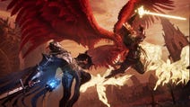 Artwork of Lords of the Fallen player character in armour swipes at red-winged female boss with glowing sword