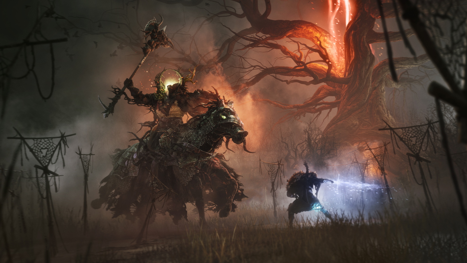 Lords of the Fallen artwork of giant boss on horseback towering over the player character