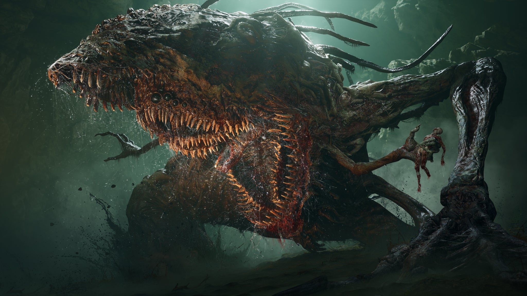A huge enemy with lots of rows of teeth and a grotesque appearance roars at you in Lords of the Fallen. - 4