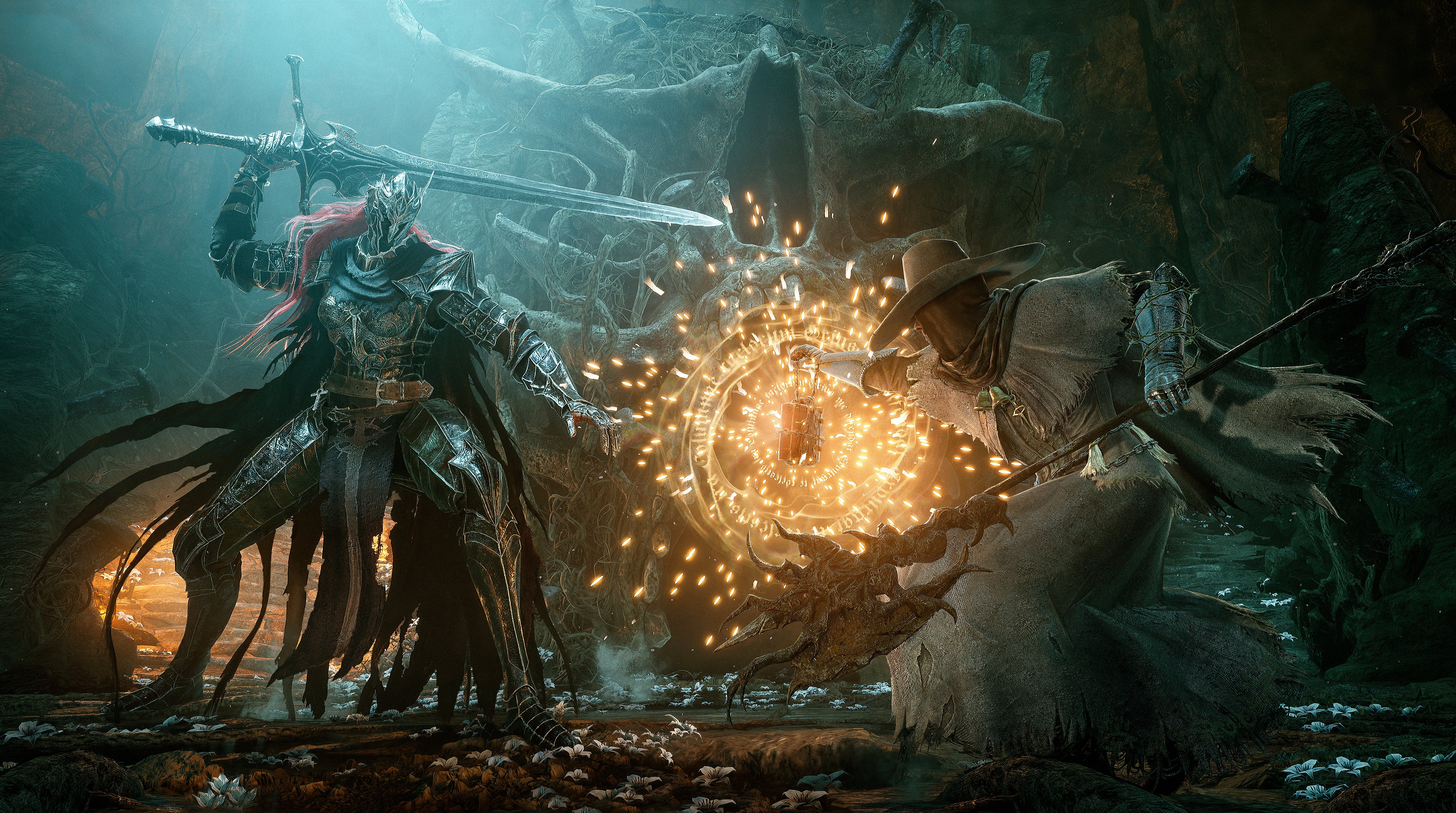 Lords of the Fallen preview - official art of a duel with a knight enemy called Fidelitas with glowing golden magic sparks