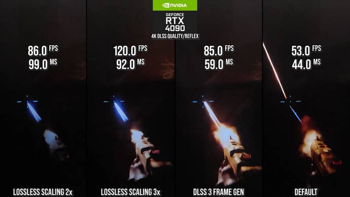 Lossless Scaling’s latency penalty vs FSR 3.1 and DLSS 3.7 - 99ms (LS 2x), 92ms (LS3x), 59ms (DLSS 2x), 44ms (no frame-gen).