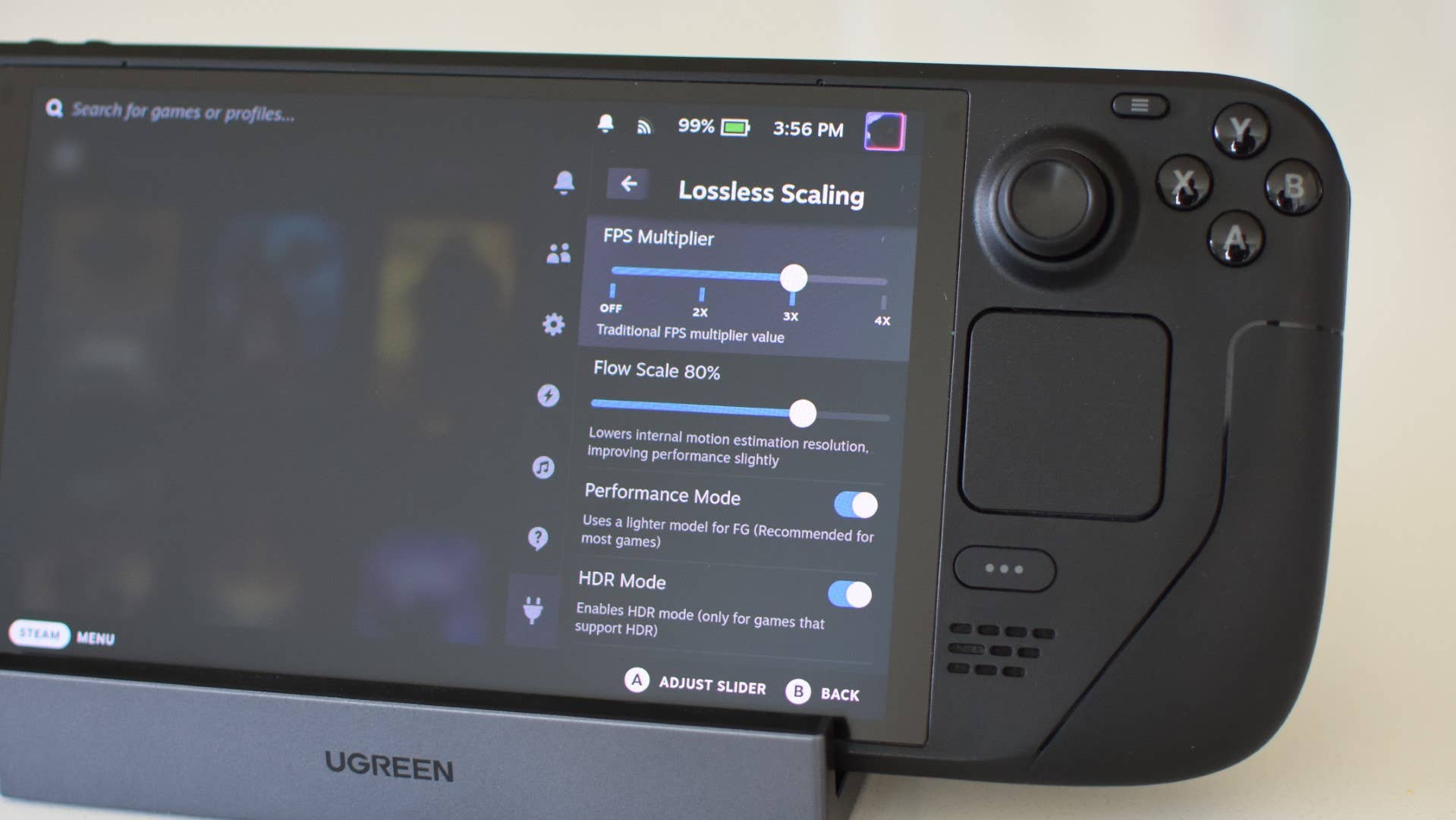 A Steam Deck OLED shows the quick access menu for Decky Lossless Scaling.