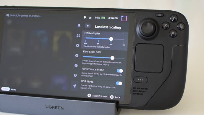 A Steam Deck OLED shows the speedy entree paper for Decky Lossless Scaling.