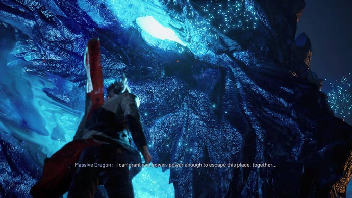 Lost Soul Aside screenshot showing close up of "Massive Dragon" character glowing blue