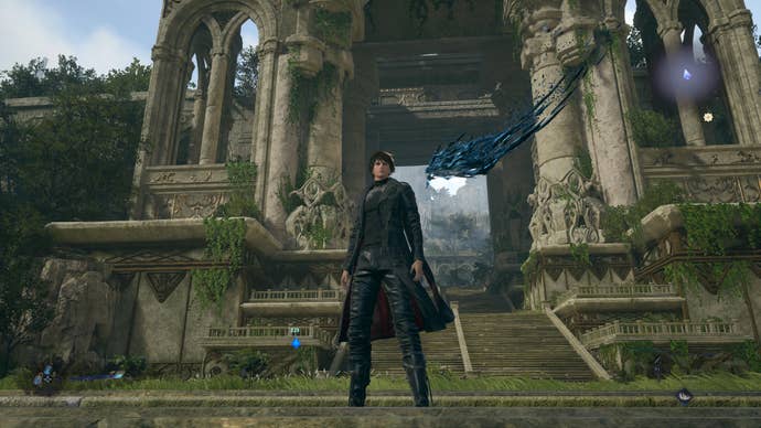Lost Soul Aside screenshot showing lead character and flying blue dragon outside a grand ancient palace