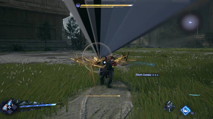 Lost Soul Aside screenshot showing battle against man in white cloak that's glitched across the screen