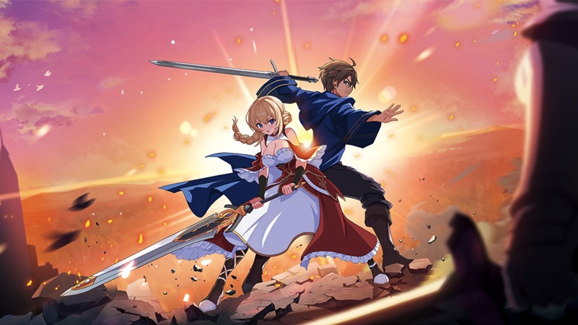 Elizabeth and Ethan are shown wielding swords in front of a sunset in key artwork for Lost Sword - 1