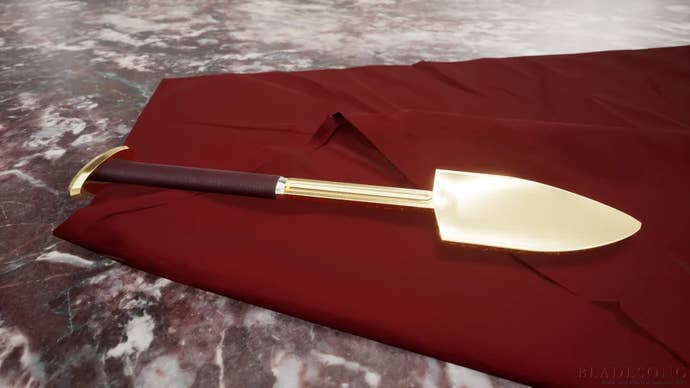 A aureate trowel with a ropebound grip and golden pommel, created successful Bladesong.