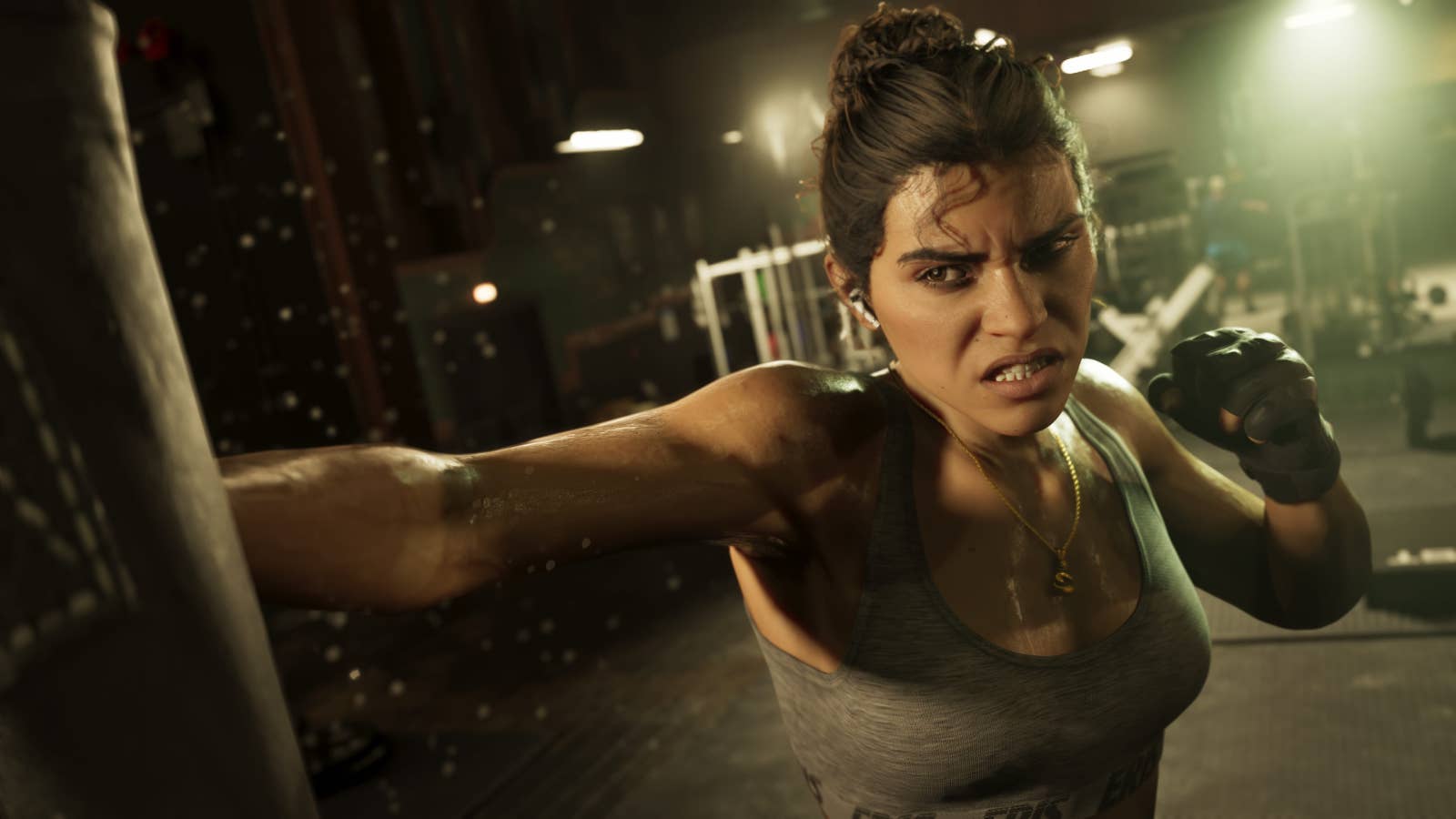Close up of Lucia from GTA 6 punching a punching bag with gritted teeth