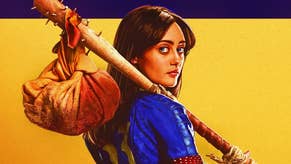 Amazon artwork for Fallout series showing vault dweller Lucy holding a nail studded bat over her shoulder. Some kind of bloody package hangs from it