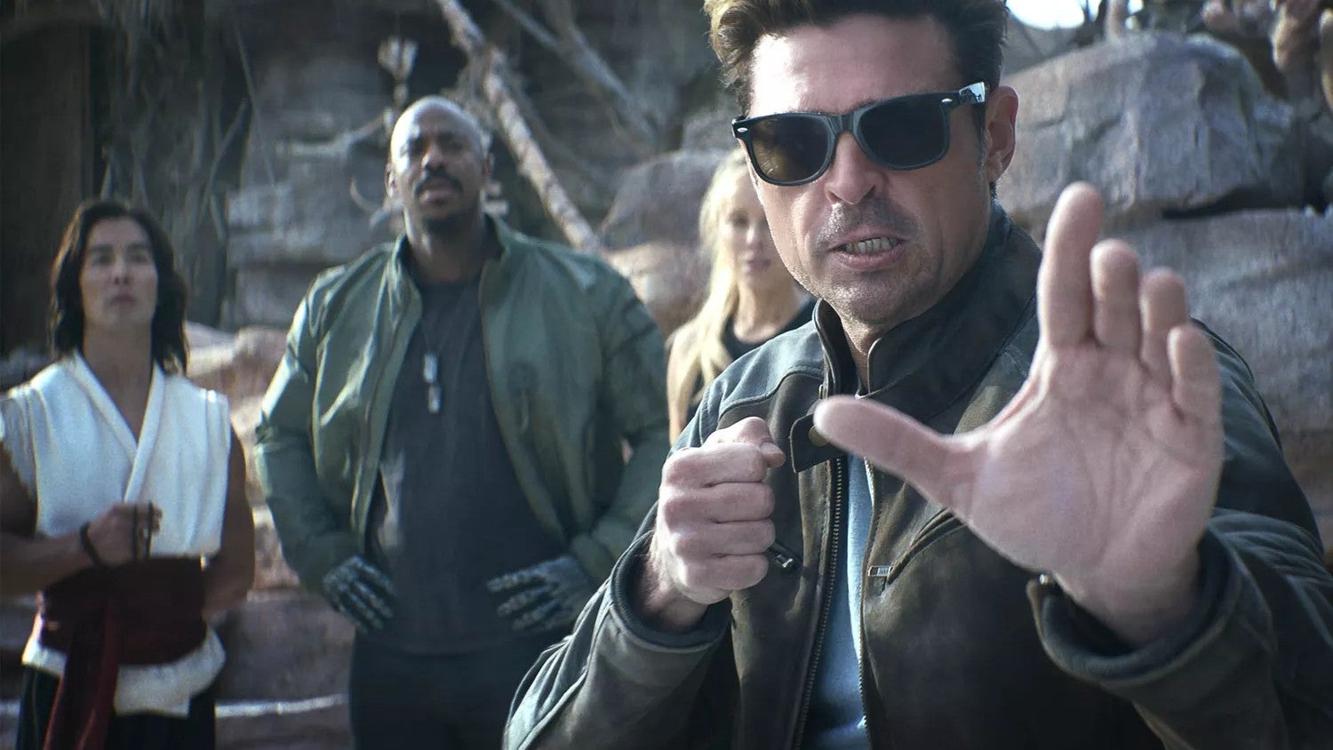 Ludi Lin as Liu Kang, Mehcad Brooks as Jax, Jessica McNamee as Sonya Blade, and Karl Urban as Johnny Cage in &lsquo;Mortal Kombat 2&rsquo;