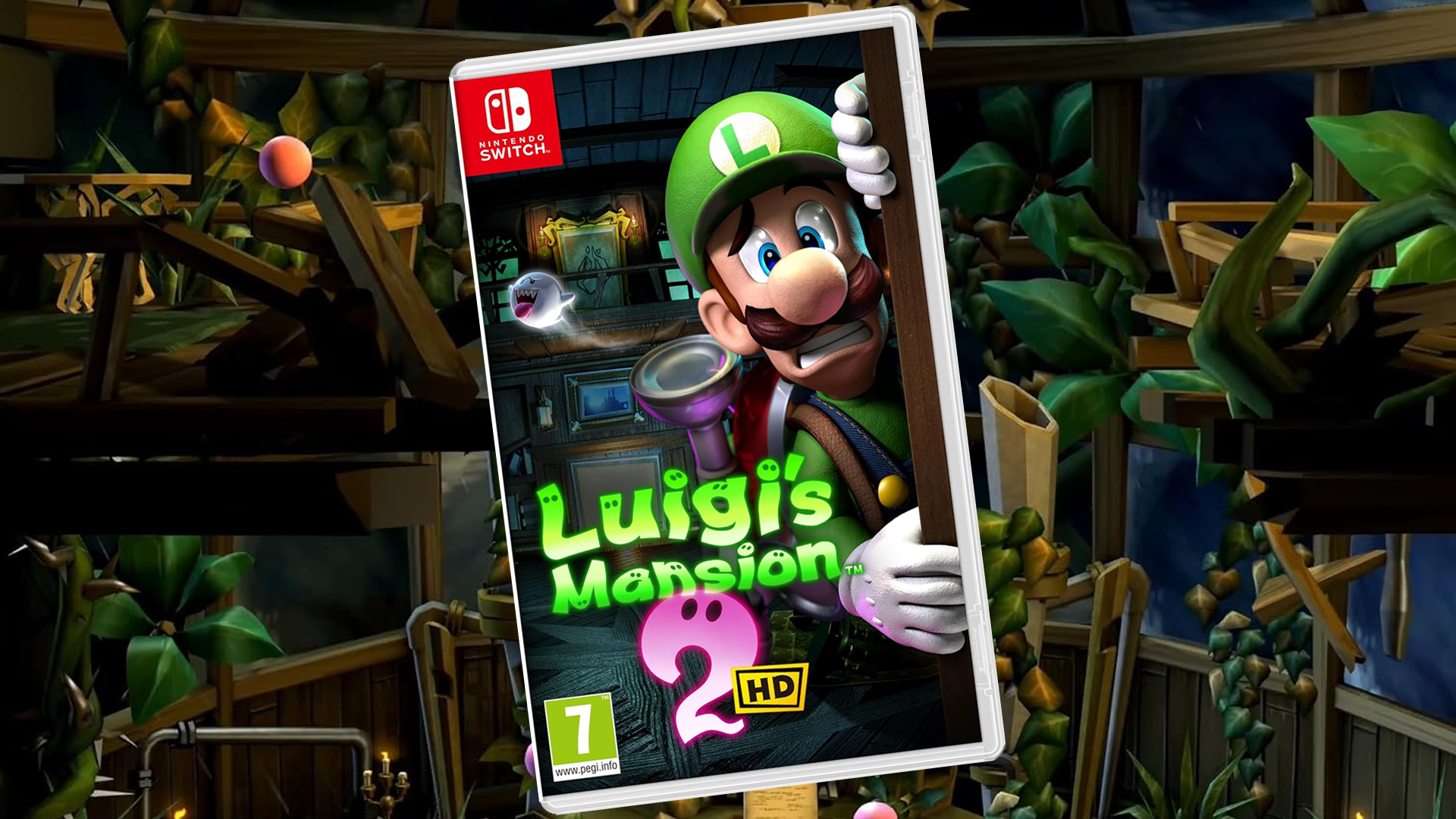 UK Nintendo Switch box art for Luigi&rsquo;s Mansion 2 HD in front of game screenshot