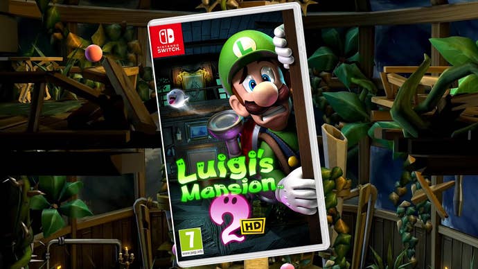 UK Nintendo Switch box art for Luigi’s Mansion 2 HD in front of game screenshot
