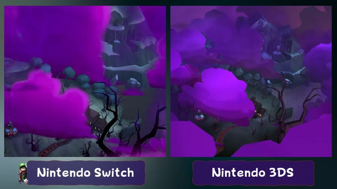 luigi's mansion 2 hd on switch vs luigi's mansion dark moon on 3DS comparison screenshot, showing improved clouds