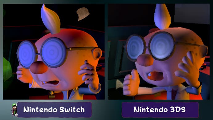 luigi's mansion 2 hd on switch vs luigi's mansion dark moon on 3DS comparison screenshot, showing upgraded nerd models