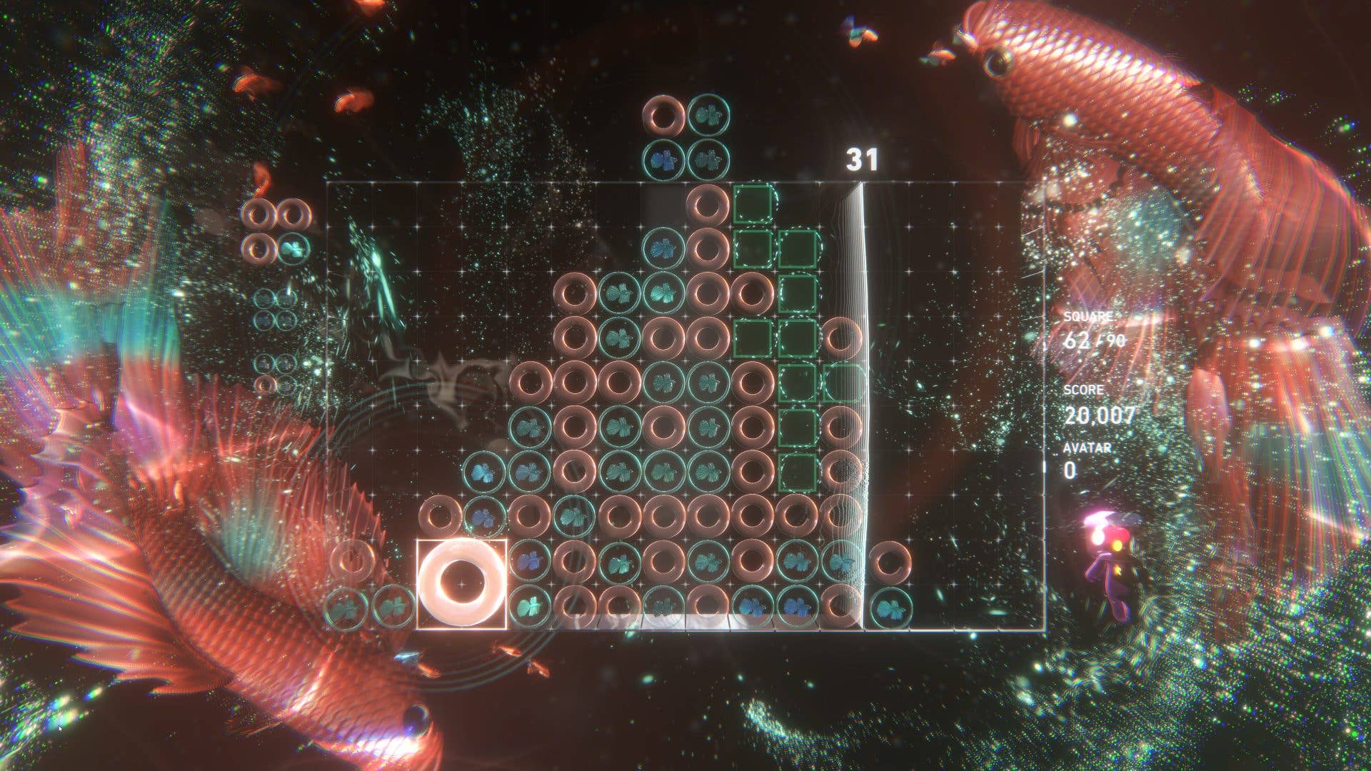 Lumies Arise grid of lights and squares, against a cosmic background.