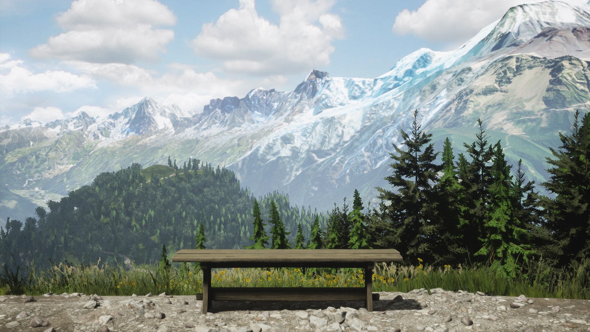 A bench overlooking some nice mountains in Lushfoil Photography Sim. - 5