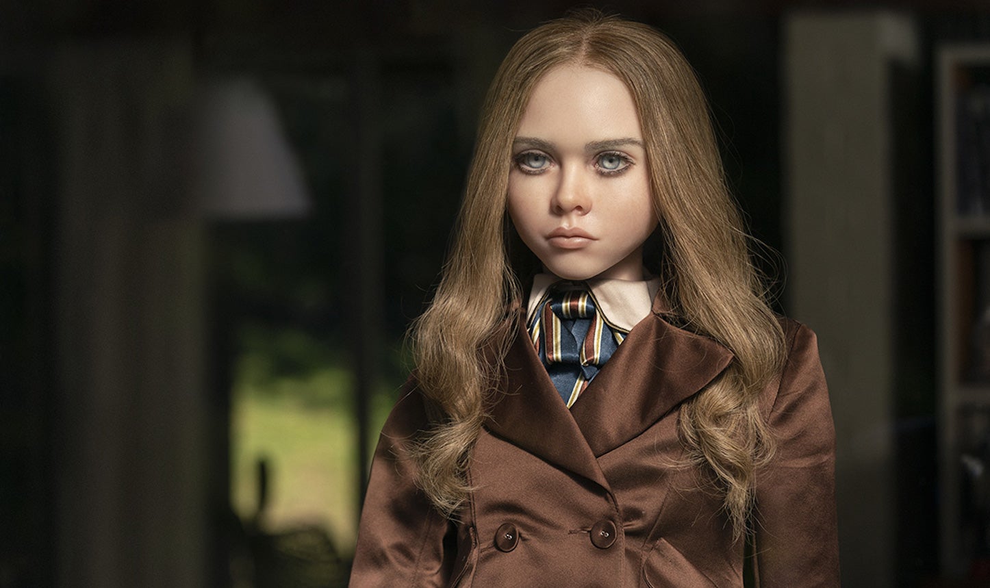 A killer robot girl in a designer coat looks upset in M3GAN