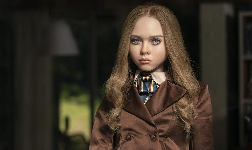 A killer robot girl in a designer coat looks upset in M3GAN